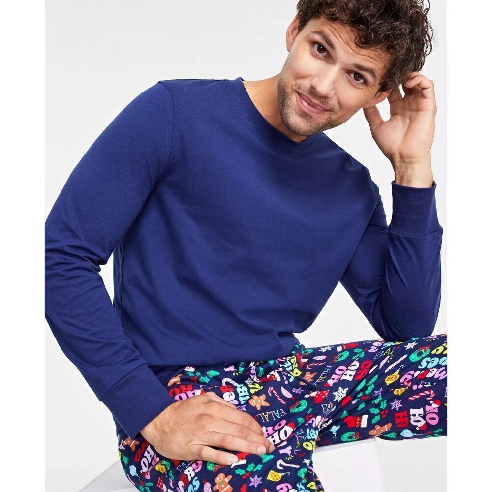 Family PJs Mens Size Medium Crew Neck Long Sleeve Pajama T-shirt‎ in Blue 363
